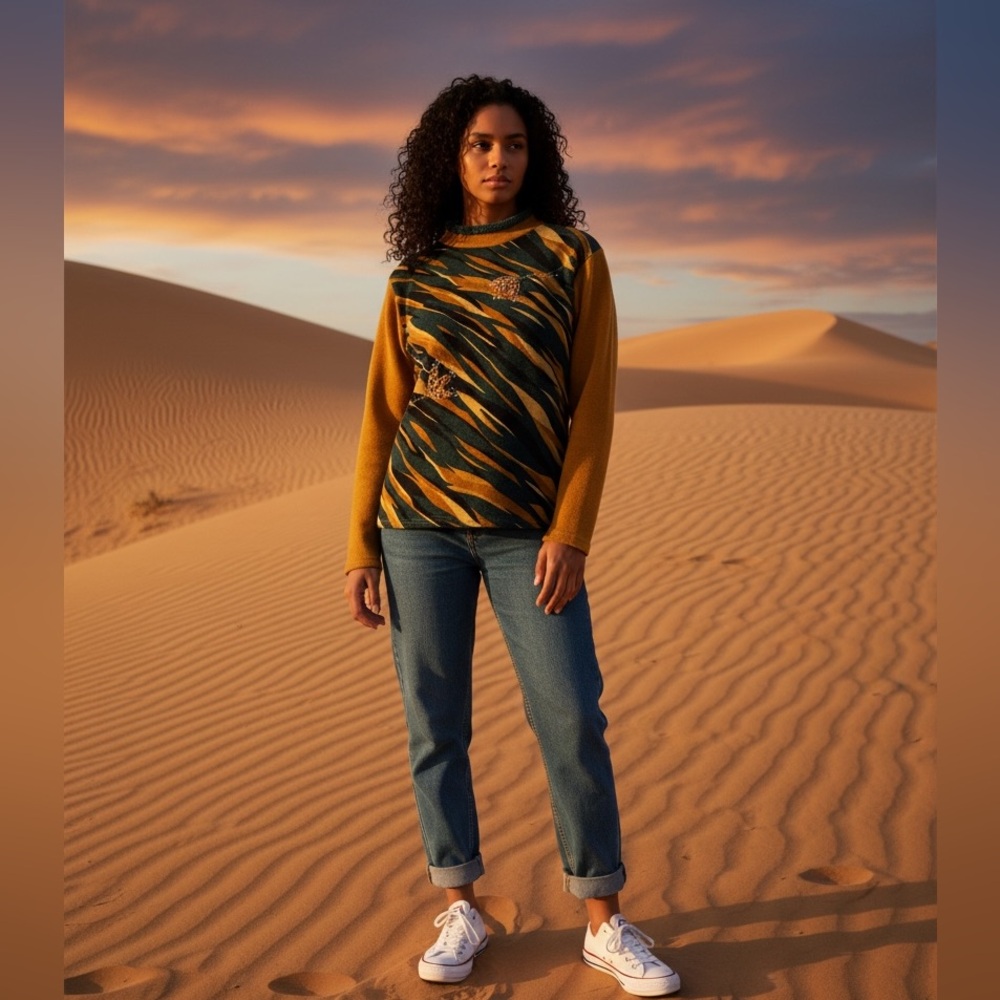 Tiger Print Mock Neck Women's Vintage Embellished Maximalist 80's 90's Sweater